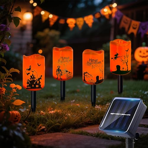Bseical Lámparas Solares Para Decoración De Halloween Para Jardín Exterior 4 Velas De Halloween Iluminación Led Linternas Calabazas Fantasmas Para Caminos Exteriores CéSped Vallas Fiestas Deco