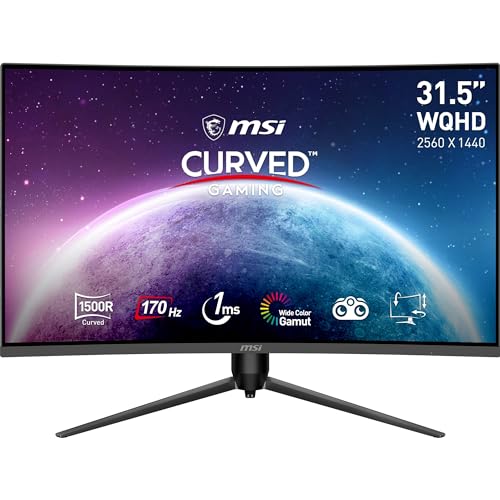 MSI G32CQ5P Monitor Curvo Gaming WQHD de 31.5 Pulgadas, Panel VA 1500R 2560 x 1440, 170Hz/1 ms, Adaptive Sync, Adjustable en 3 Direcciones DP 1.2a, HDMI 2.0b CEC