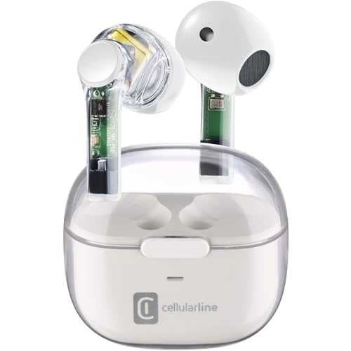 Cellularline - Fine Transparente - Auriculares Bluetooth TWS inalámbricos en la Oreja con Funda de Carga - Tiempo de Juego de 3,5 Horas - Carga 4 Veces - Controles táctiles y Auto Pairing - Blanco
