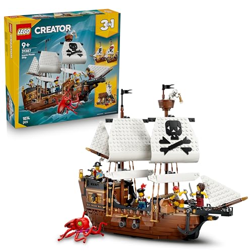 LEGO Creator 3 en 1 Barco Pirata Clásico de Juguete – Maqueta Transformable en Castillo o 2 Barcos Gemelos – Decoración para la Habitación –