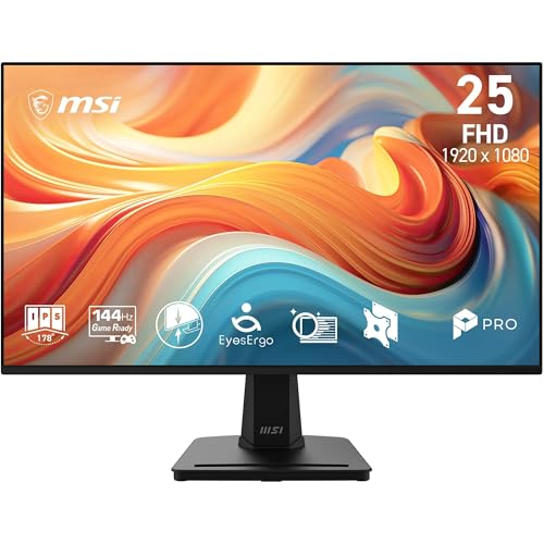 MSI Pro MP251A E14L 24,5" FHD 1920 x 1080, Monitor de Ordenador IPS, 144 Hz, 1 ms, Adaptive-Sync, protección Ocular, HDMI 1.4b, sin Marco, inclinación Ajustable, Montaje Vesa, Negro