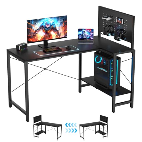 TESSTINA Escritorio Esquinero en L de 125x70 cm con Cajón y Panel de Mural, Mesa Escritorio Altura Ergonómica 75 cm, Mesa Home Office Teletrabajo Estudio, Negro