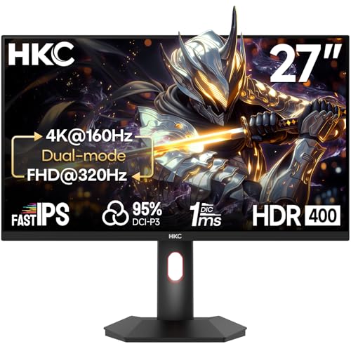 HKC Monitor Gaming 27 Pulgadas, 4K UHD 160Hz / FHD 320Hz Dual Mode, Panel Fast IPS, 1ms, HDR400, 95% DCI-P3, AMD FreeSync Premium, HDMI 2.1 y DisplayPort 1.4, Soporte Ajustable en Altura, G27H7P