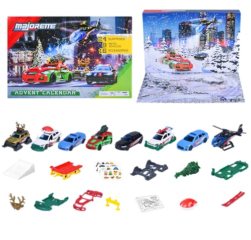 Majorette, Calendario de Adviento, Set de 8 Coches, Metal, 7,5 cm, Piezas de Taller, Accesorios Tuning, Pegatinas, Diorama Incluido, Caja Decorada, Ideal para Regalar, 3 años (8504107000)