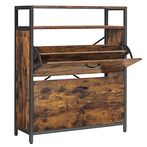 VASAGLE Armario Zapatero, Organizador de Zapatos con 2 Compartimentos Abatibles, para 10-16 Pares de Zapatos, a Prueba de Polvo, 30 x 80 x 95 cm, Entrada, Marrón Rústico y Negro LBS801B01