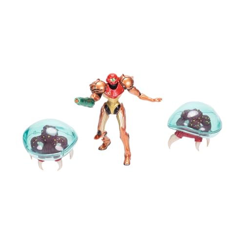 Nintendo Metroid Prime Samus Bounty Hunter - Juego de Figuras de acción de 6,3 cm, Producto Oficial de Jakks Pacific, Incluye Figura de Samus y Dos Figuras de alienígenas, Embalaje de coleccionista