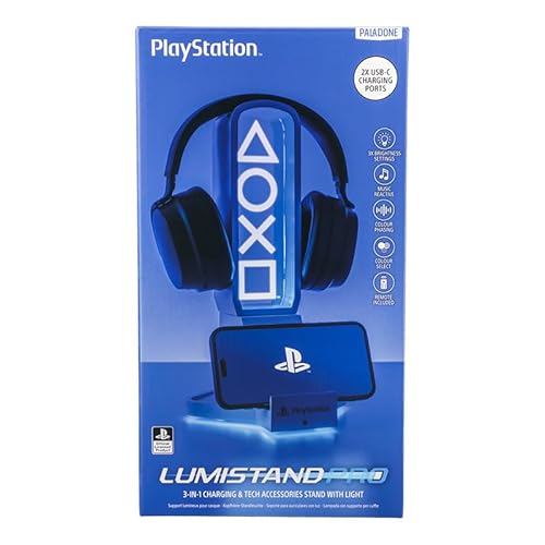 Paladone PlayStation - Soporte para Auriculares 3 en 1 y estación de Carga tecnológica con Soporte de Consola y 2 Puertos USB-C, Panel de luz RGB Que Cambia de Color, Regalo Oficial para Jugadores