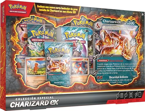 Pokémon Colección Especial Charizard ex (1 Carta holográfica de promoción, 2 Cartas holográficas, 1 Carta lenticular de Gran tamaño con Efecto 3D y 5 Sobres de Mejora)