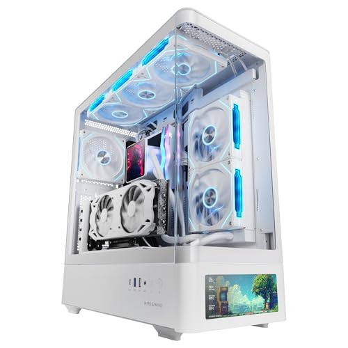 Mars Gaming MC-LCDPRO, Caja Gaming ATX, Pantalla LCD IPS 7.2" Personalizable, Cristal Templado Curvado Frontal y Lateral, Estructura de Doble Cámara, Soporte Refrigeración Líquida hasta 360mm, Blanco