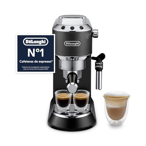 De’Longhi Dedica Style – Perfetto Cafetera Espresso Manual Compacta, Espumador de Leche Manual para Espresso y Cappuccino, Compatible con Monodosis ESE, Panel con Botones, Ancho 15cm, Negro (EC685.BK)